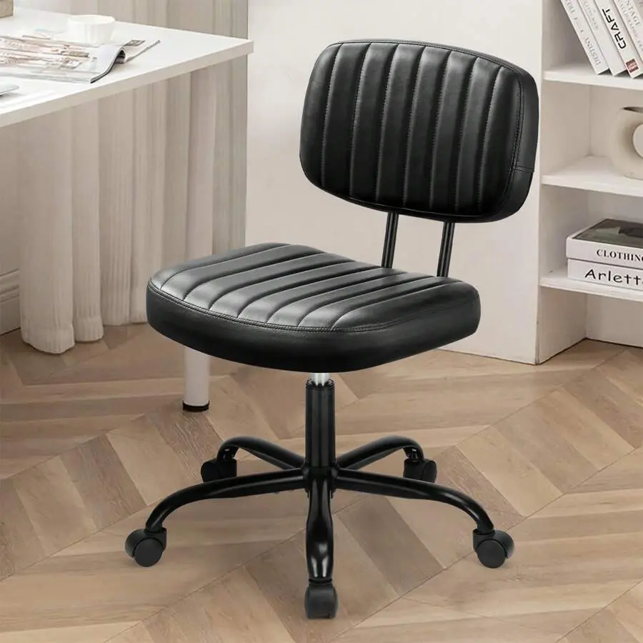 Small Armless Office Chair PU Leather Small Desk Chair Height Adjustable Stylish Vanity Chair With Wheels Computer Chair No Arms For Home Or Office