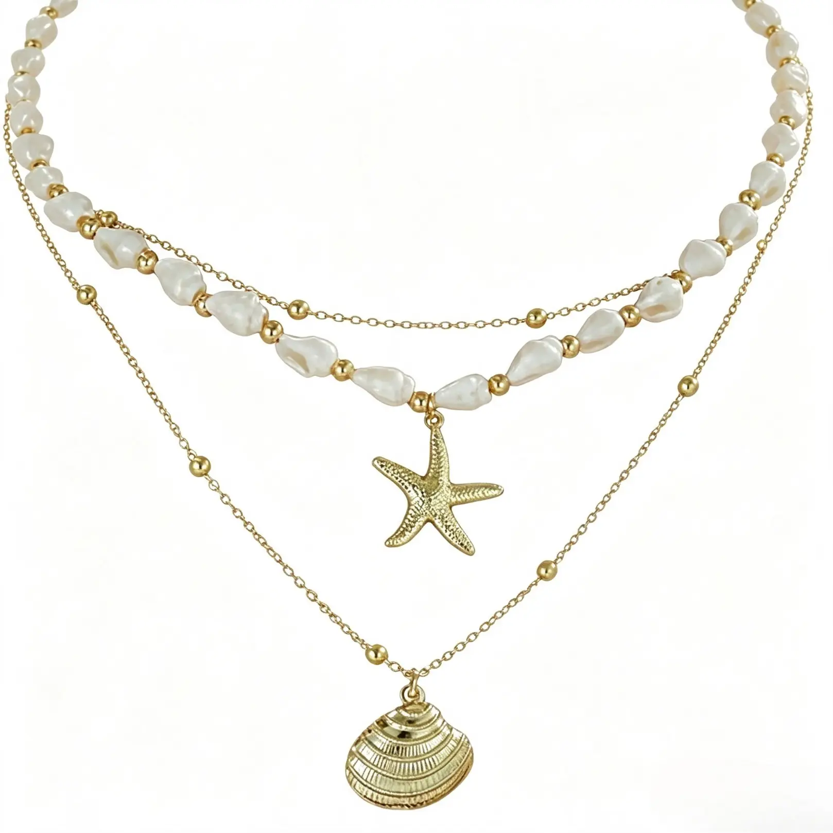 Seashell Starfish Necklace for Women, Casual Style Necklaces, Conch Shell Summer Pearl Beach Choker, Layered Dainty Alloy Jewelry, All Seasons Accessory