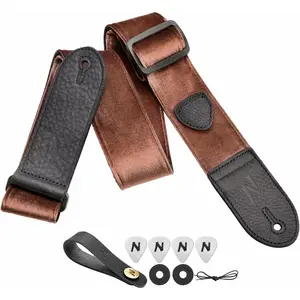 Guitar Strap,Double Full-Grain Leather Ends,  Strap/FREE BONUS-4 Picks+Strap Locks+Strap Button, For Bass,Electric&Acoustic Guitars( Coffee Brown)