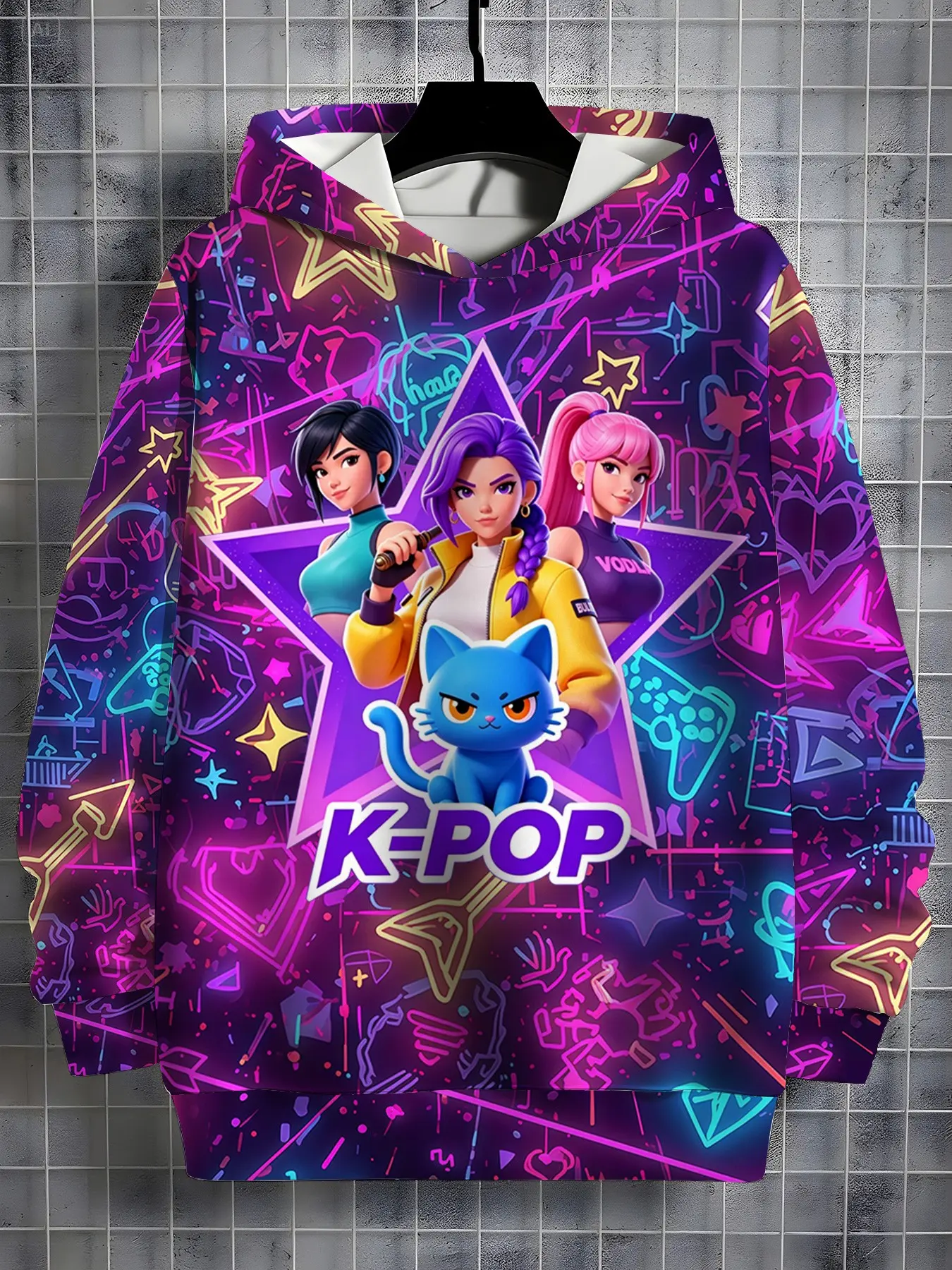 Neon Graffiti Hoodie for Girls and Kids, Base Gaming Stars Blue Cat Full Digital Print, Fall Winter Casual Sweatshirt