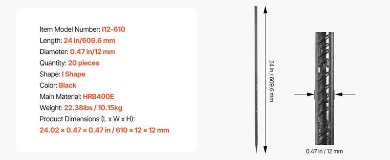 VEVOR Rebar Stakes, 24-Inch, Heavy-Duty 0.47 in Diameter, Straight Galvanized Steel Ground Anchors with Chisel Point End & Rust-Resistant Coating, for Gardening Support, Fence, Camping Tents (20-Pack)