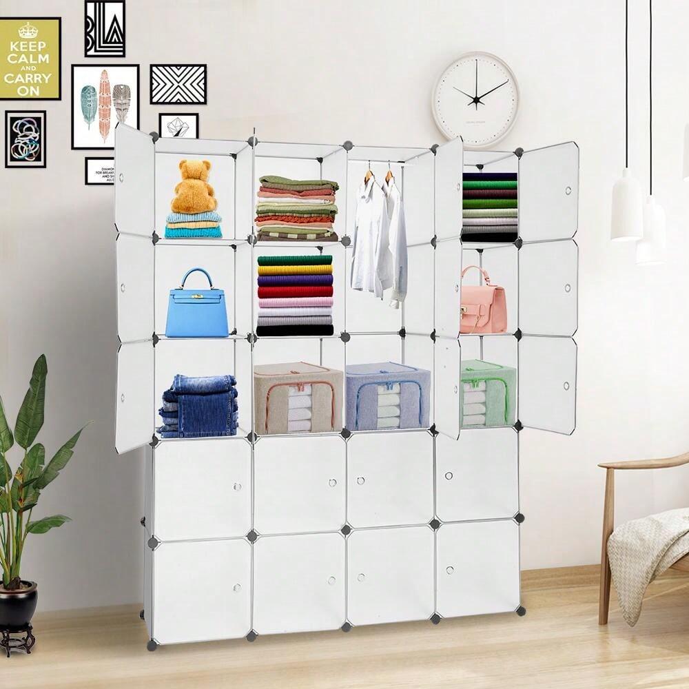 outstanding quality  1pc 20 Organizer Stackable Plastic Cube Storage Shees Design Multifunctional Modular Closet Cabinet With Hanging Rod White