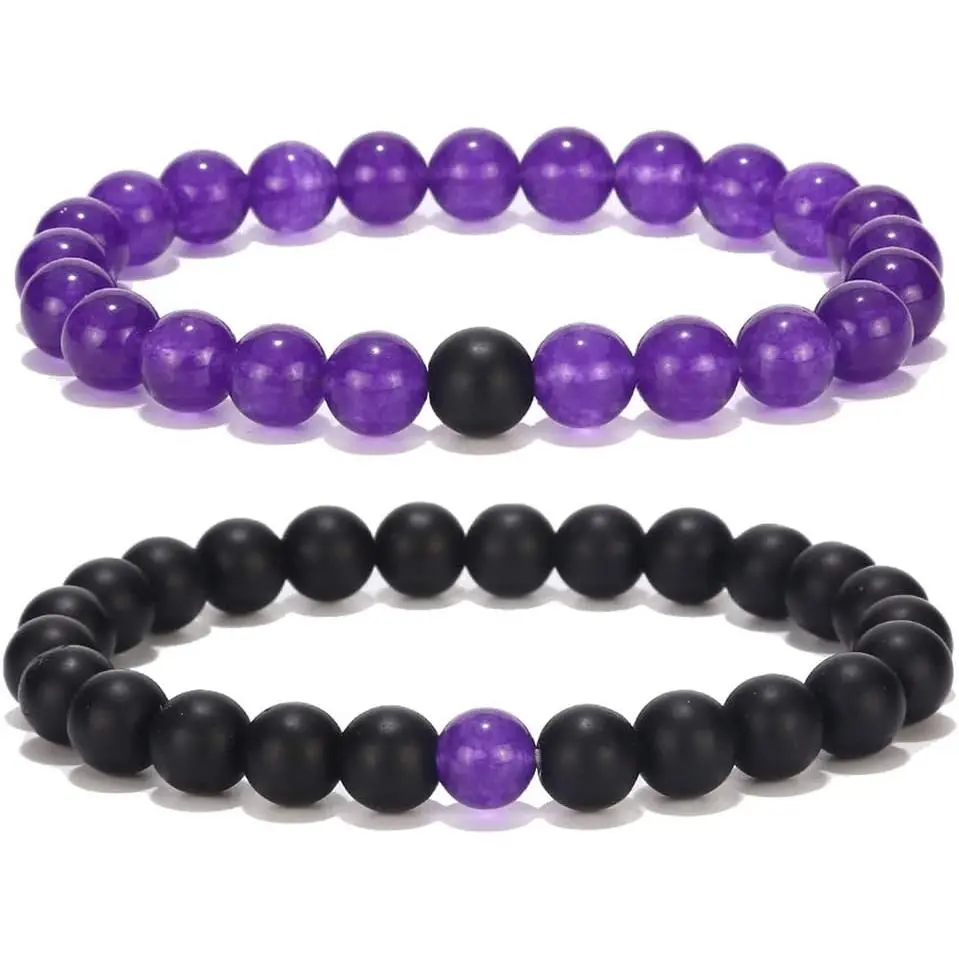 Black Matte &   Stone His and Hers Bracelets 8mm Sandstone Couple Bracelet