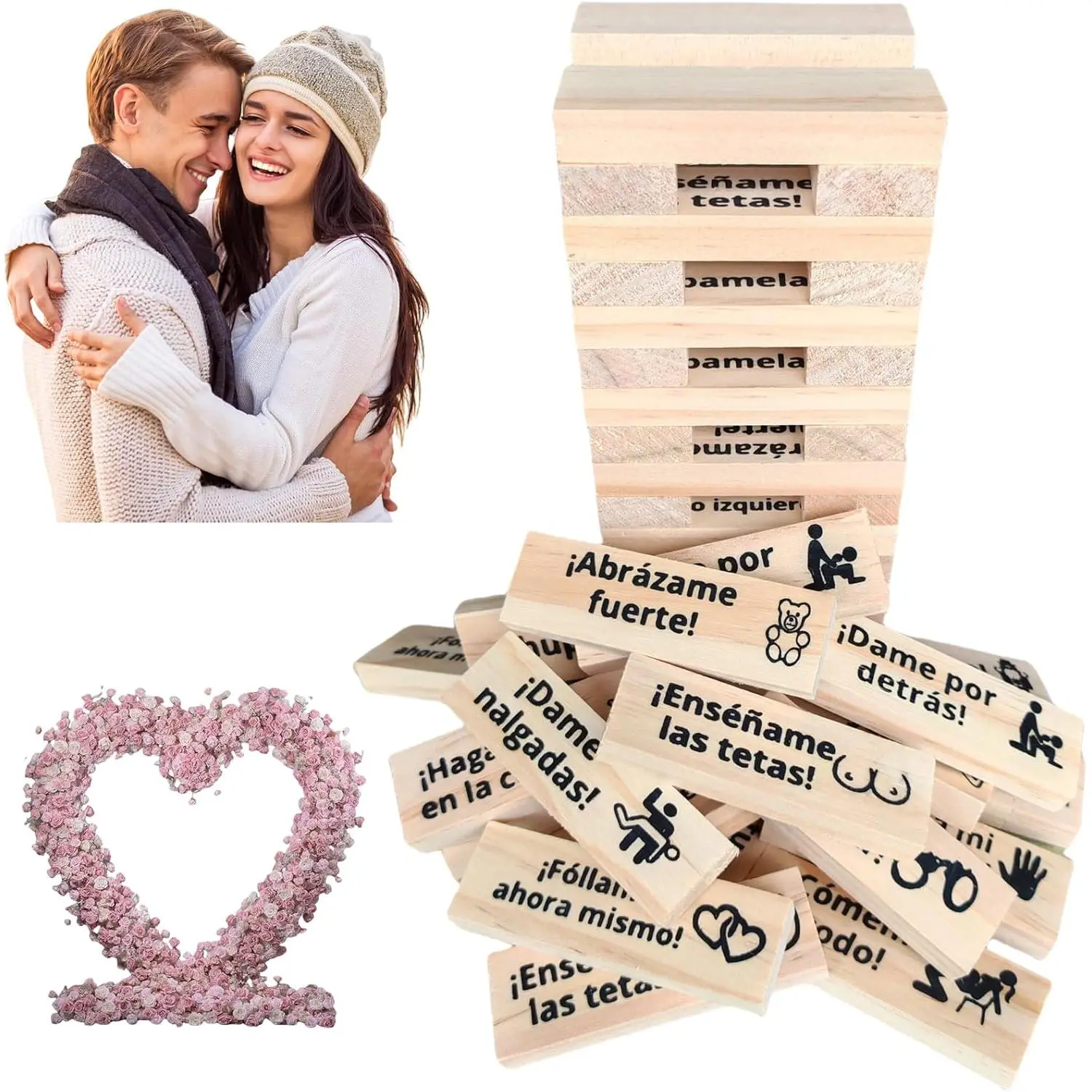 18+ Tumble Tower Blocks Game for Couples - Spanish Naughty Stacking Tower, Toys for Grown Ups, Night Dating Activity, Valentine's Day Gift