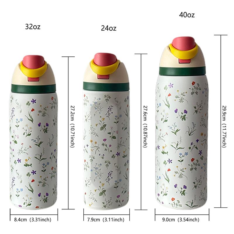 Floral Pattern Stainless Steel Vacuum Flask, 1 Count Portable Insulated Water Bottle with Straw, Leak Resistant Tumbler, Drinking Cup for Home Office School Outdoor Camping, Drinkware