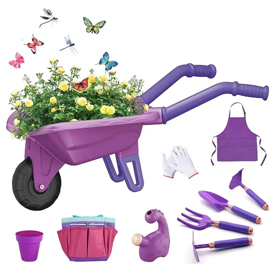 Garden Tool Set with Beach Cart, Flower Planting Toy, Outdoor Playset, 9-Piece Kit, Includes Tools, Water Bottle, Gloves, Bag, Apron, Christmas Gifts, Birthday Gifts