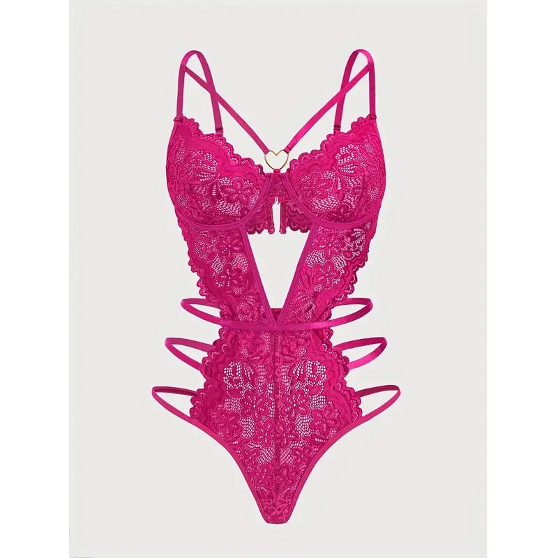 Hot Floral Lace Teddy, Cut Out Heart Linked Backless Bodysuit, Women's Sexy Lingerie & Underwear