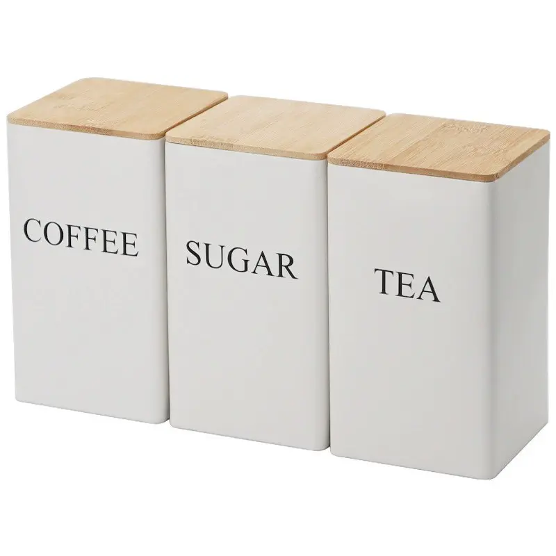 3Pcs TEA, COFFEE, SUGAR Storage Box Set, Spice Jar, Can Store Tea, Coffee, Candy, Spices, Seasonings, Kitchen Storage Set, Home Storage Organizer, Bamboo Cover-Metal Container, Dustproof Storage Boxes