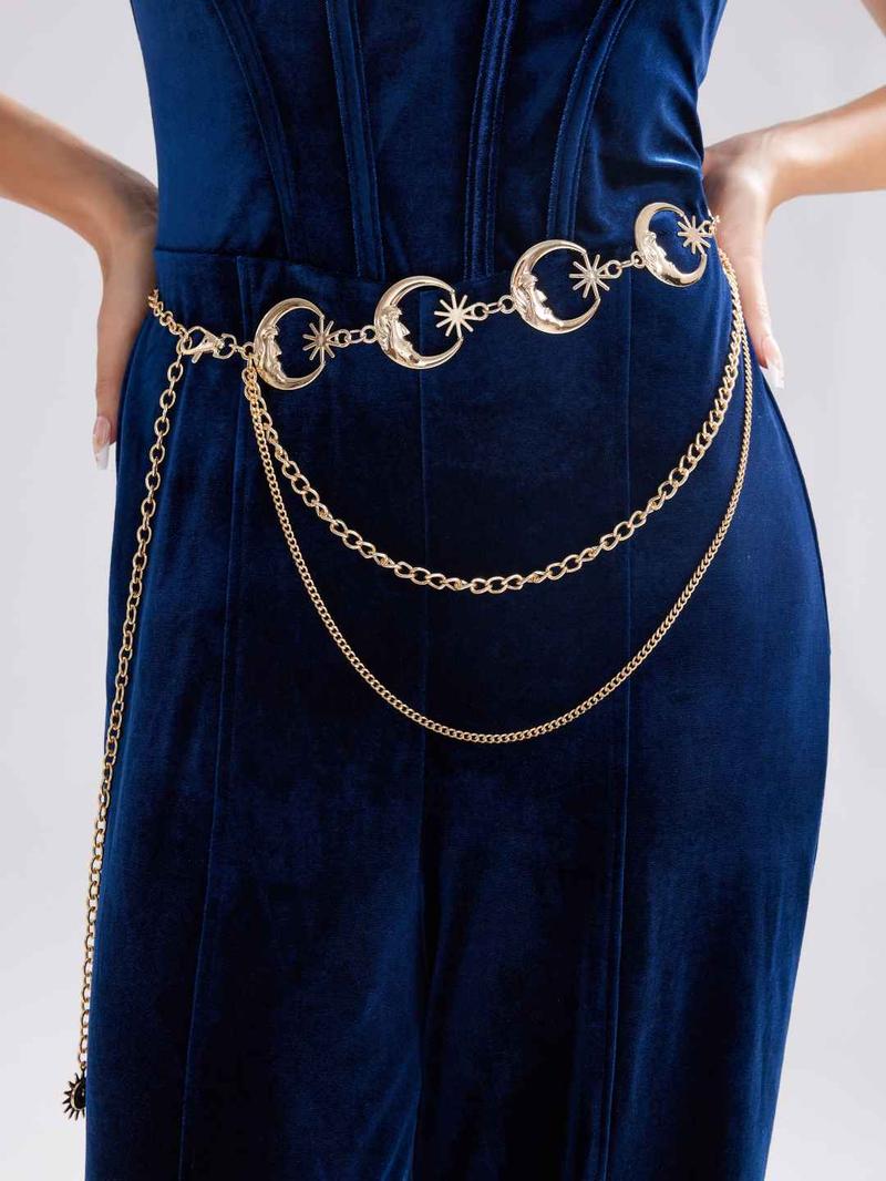 Cider [3 colors, size L/XL-2XL] Star & Moon Layered Waist Chain, Elegant Body Chain for Women, Body Accessories for Wedding Date Vacation