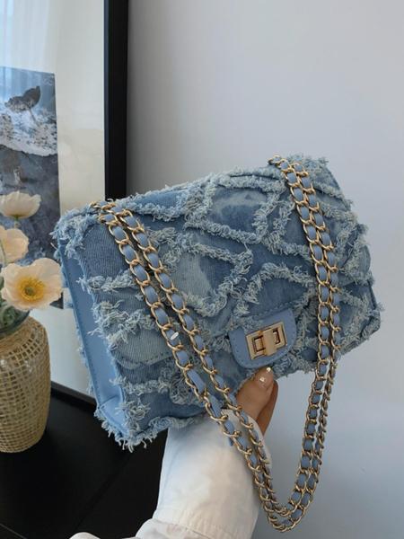 Women's Fashion Chain Strap Denim Rhombus Rough Edge Shoulder Bag, Casual Versatile Solid Color Underarm Bag, Trendy Daily Commuting Bag, Girl Fashionable Bag, Denim Crossbody Bags