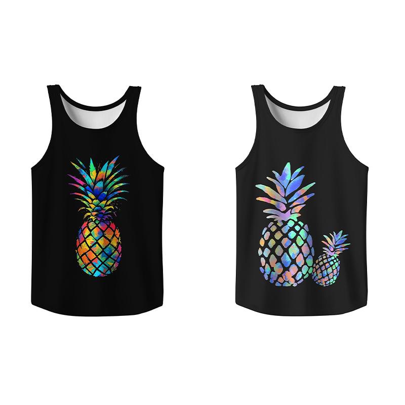 2 Pack Tropical Fruit Graffiti Tank Top, Summer Men Clothes Slim Fit Apparel, Menswear Gym Workout Comfy Casual Sleeveless for Vacation Outfit