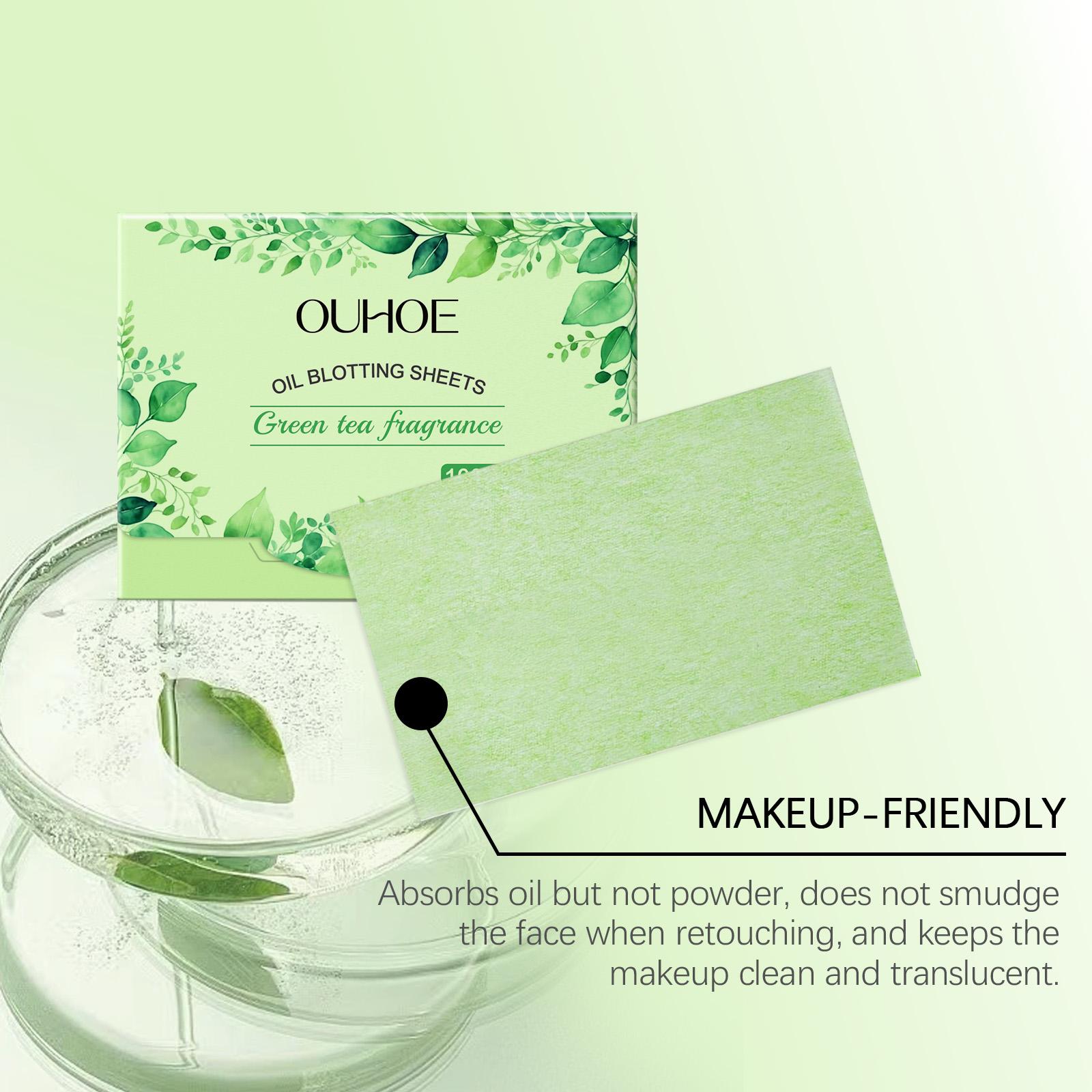 OUHOE Oil Blotting Sheets, Double Oil Control with Cellulose & Kaolin, Green Tea + Vitamin E Antioxidant Care, Makeup-Friendly No Powder Removal, Soft Non-Irritating for Oily Skin, Daily Summer Essential