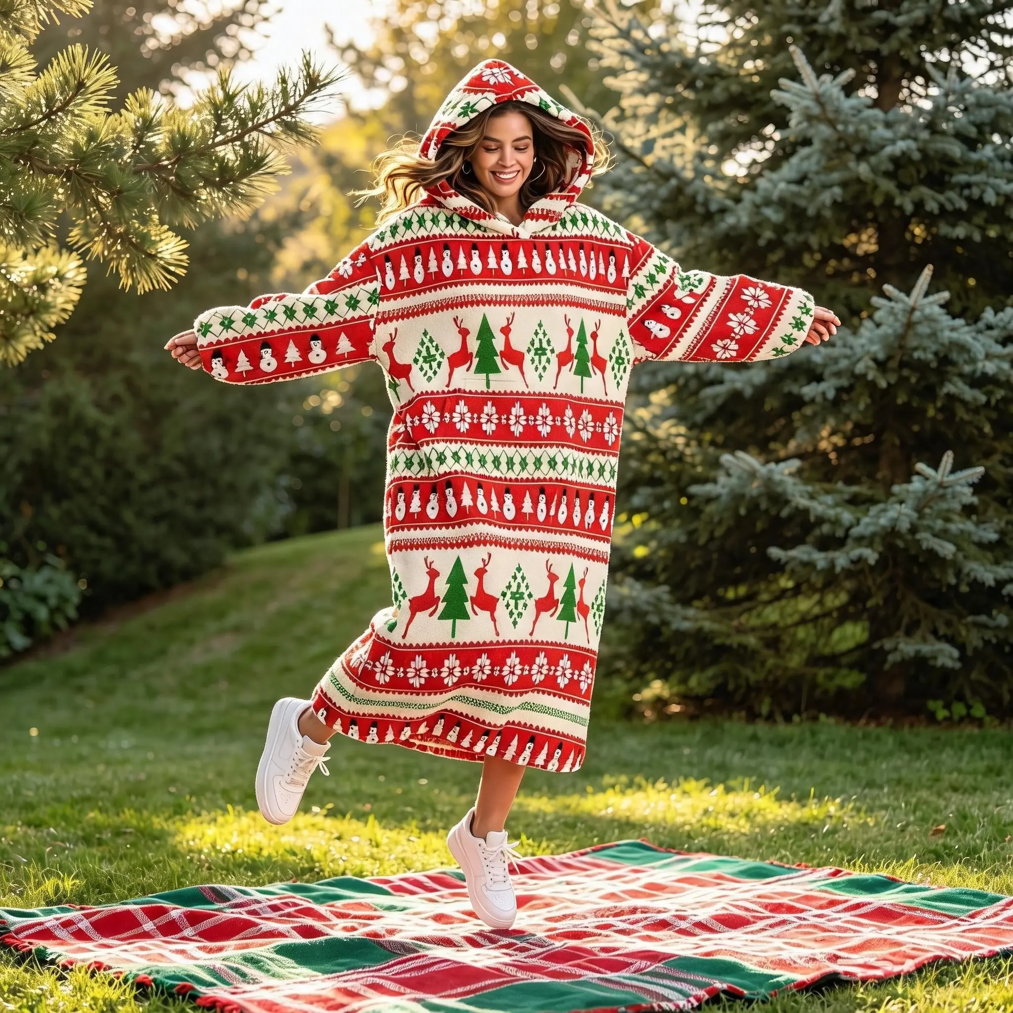 Thick Flannel Wearable Blanket, Couples' Retro Christmas Reindeer Snowman Hooded Blanket, Large Pocket Holiday Home Blanket, Warm Gift
