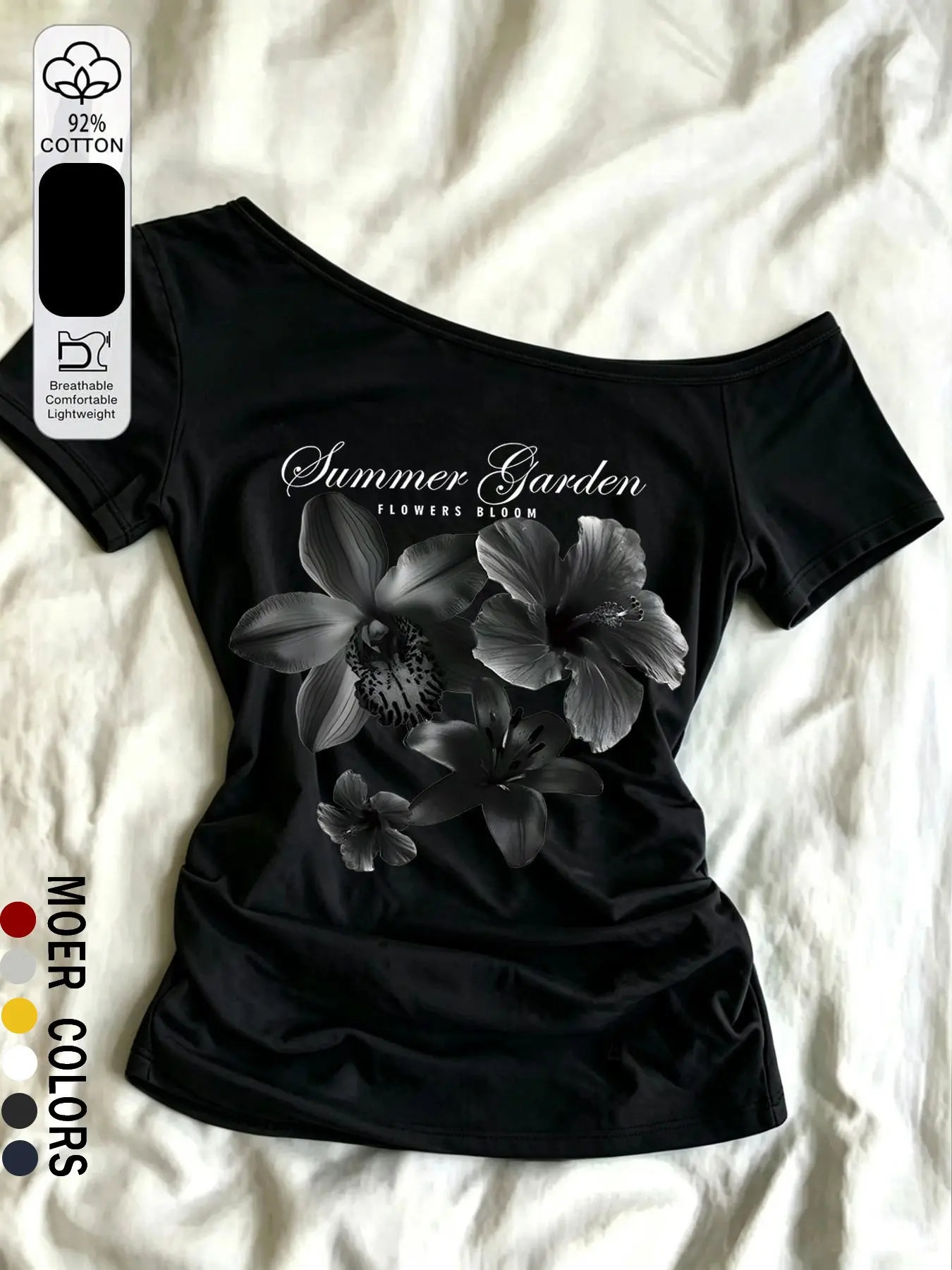 Women's Off-Shoulder Floral Print T-Shirt, Summer Garden Short Sleeve Casual Cotton Top, Casual Summer Chic, Retro Style, Plain Surface, Unlined