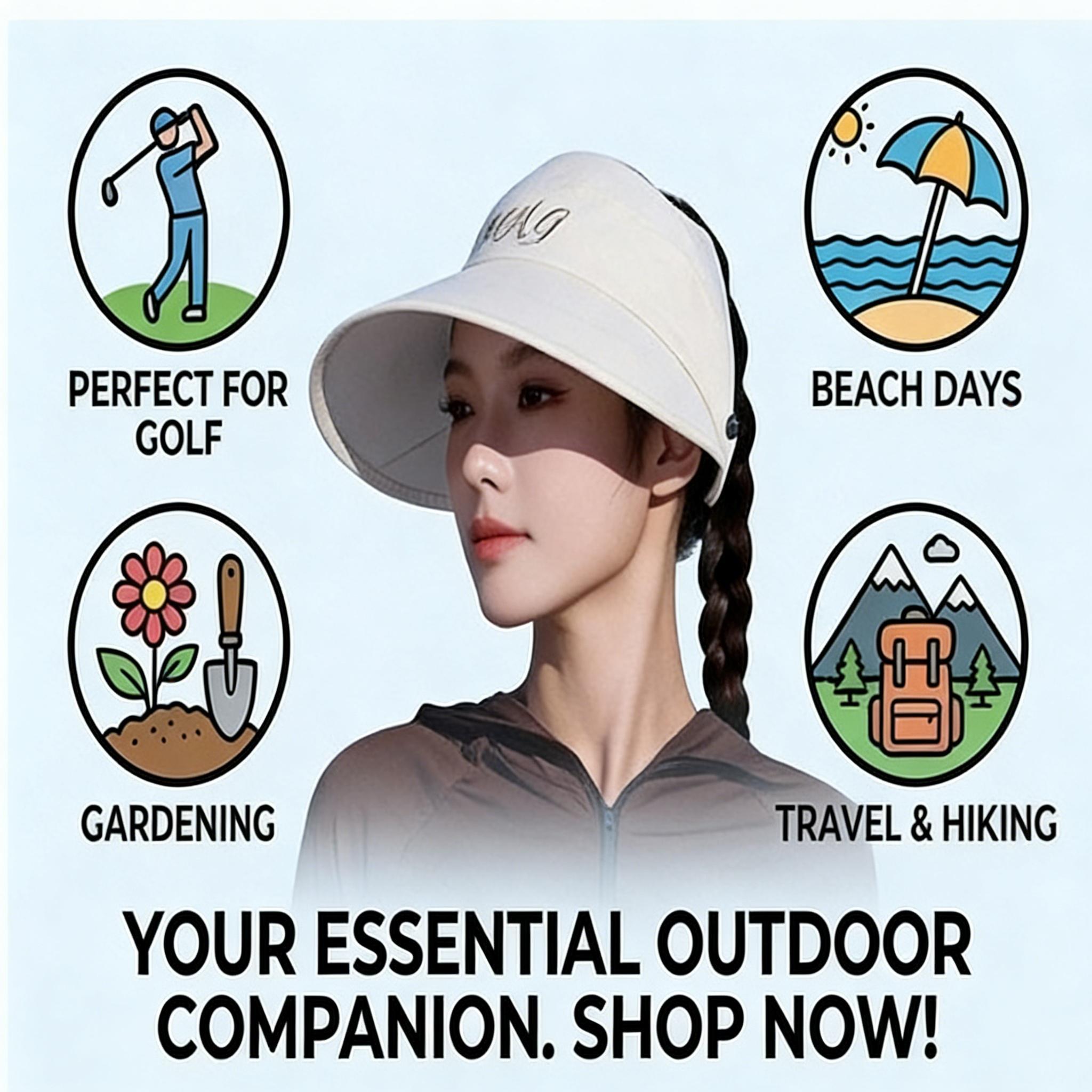Wide-brim sun visor with UPF 50+ UV protection, open-top design for comfortable wearing. The adjustable head circumference fits most people, lightweight and breathable for outdoor daily use.