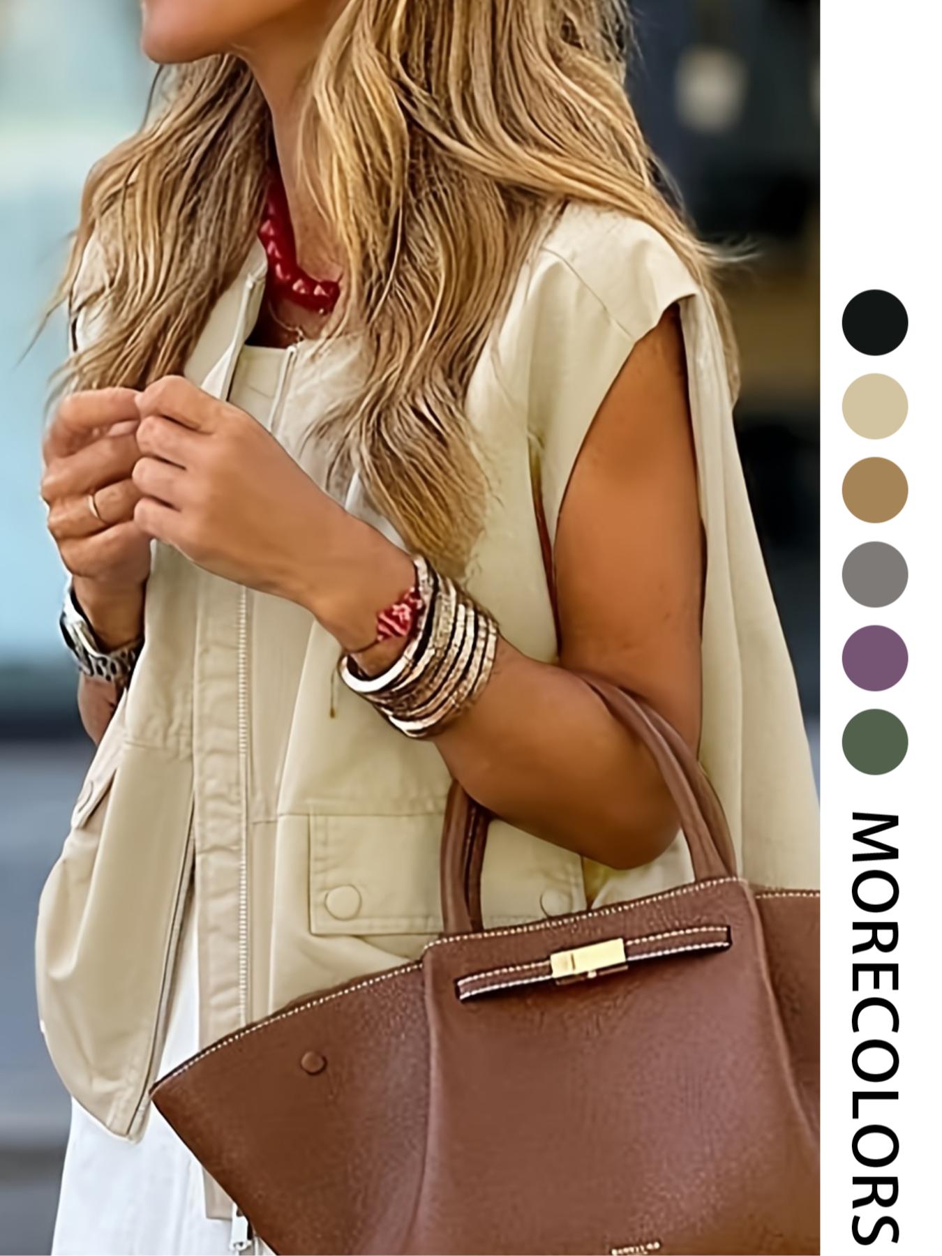 Women's Solid Color Fitted Zip-Front Vest, Casual Sleeveless Outerwear for Daily Wear, Ladies' Clothes for All Seasons