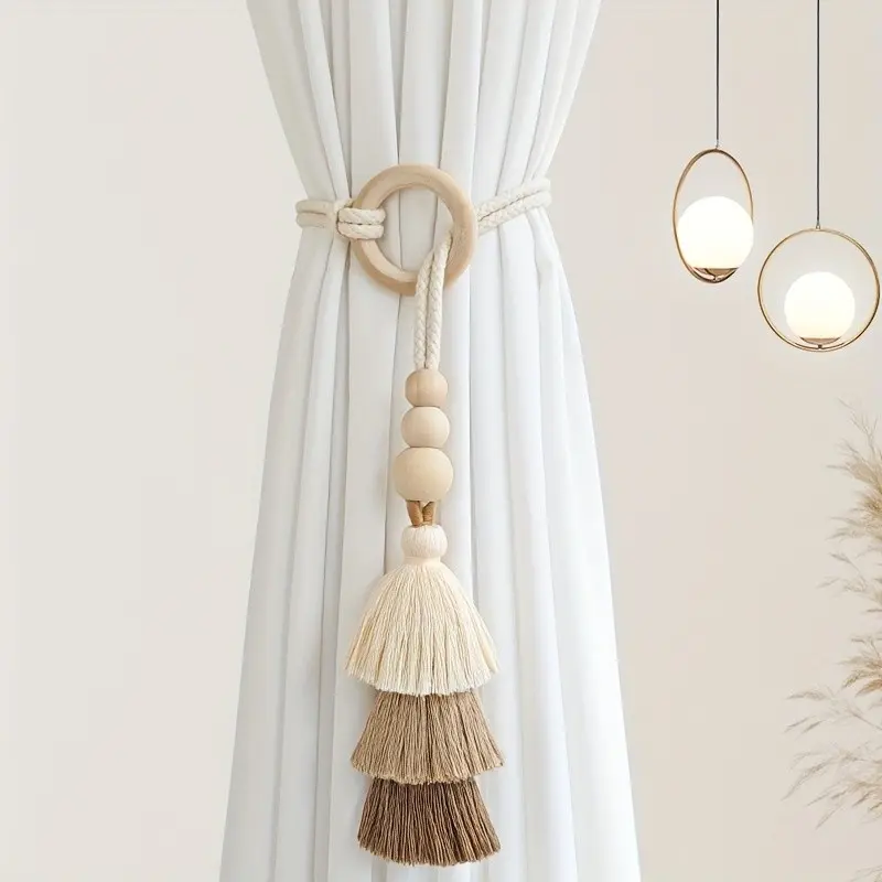 A bohemian-style handmade tassel curtain tieback with wooden beads, modern boho curtain tieback for home decor