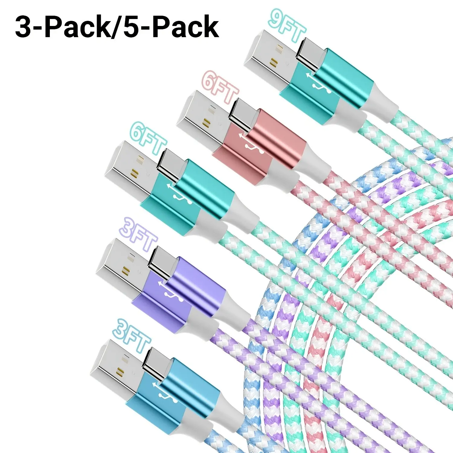 USB to USB-C Data Sync Cable (3-Pack/5-Pack), USB-A to Type-C Charging Cable, Compatible with Samsung Galaxy & iPhone Models