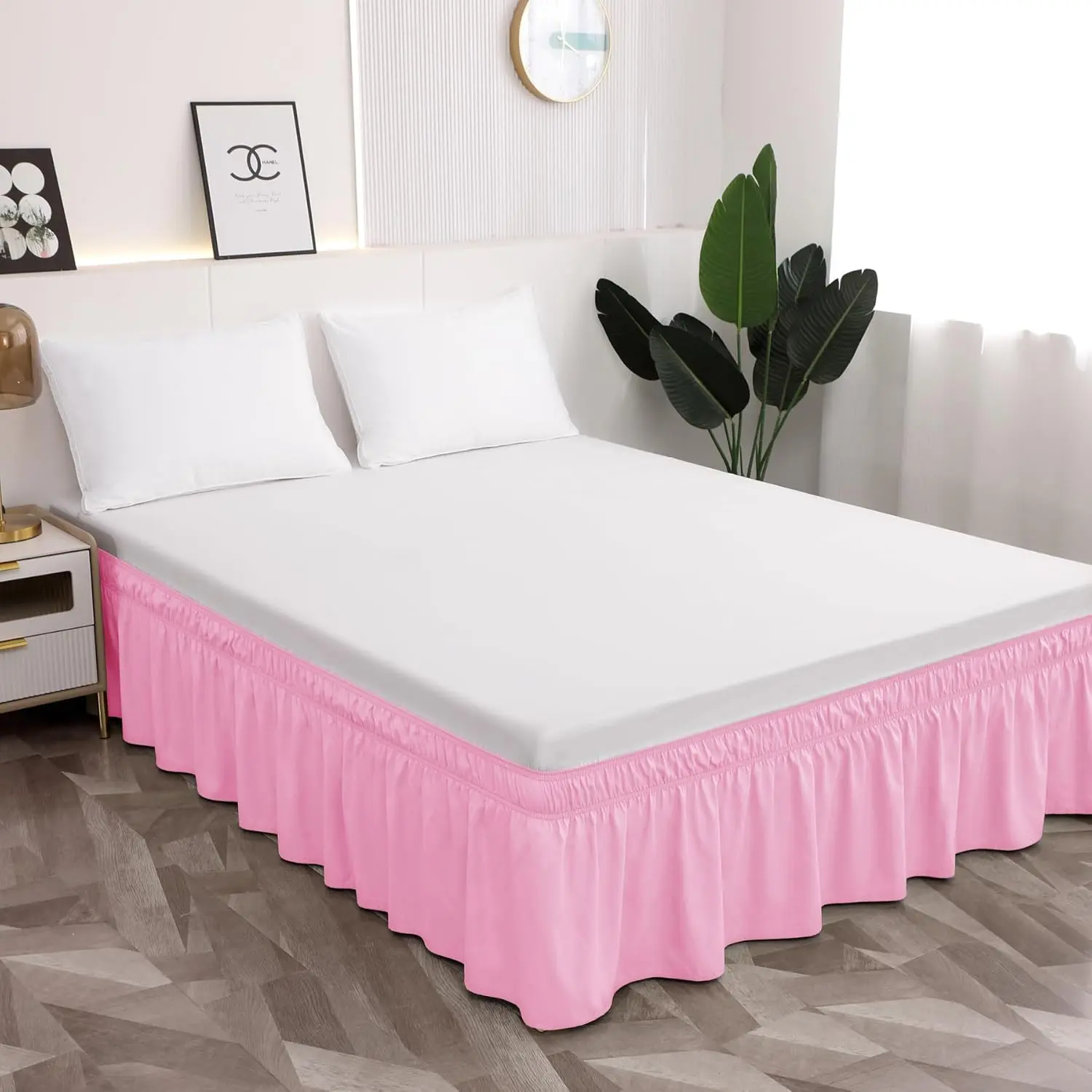 1-Piece Microfiber Poly Ruffled Wrap-Around Full Bed Skirt with Adjustable Belt, 21-Inch Drop, Easy to Put On, Pink, for Bedroom Use, 21 In