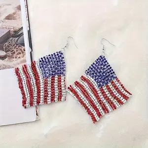 Pair of Women's Fashion Earrings, Geometric Square Mesh Chain with American Flag Pattern, Celebration Independence Day Rally Campaign Trendy Accessories