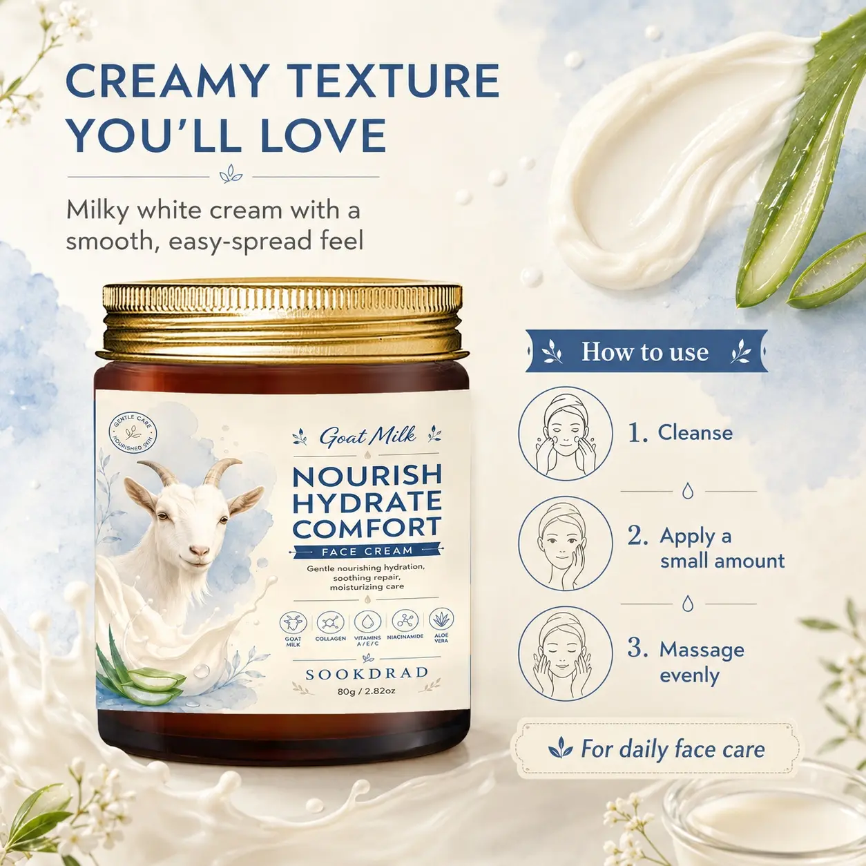 Goat Milk Face Cream, Collagen, Vitamins A/E/C, Niacinamide, Aloe Vera, Nourish, Hydrate, Comfort, Soothing Repair, Moisturizing Face Cream, 80g