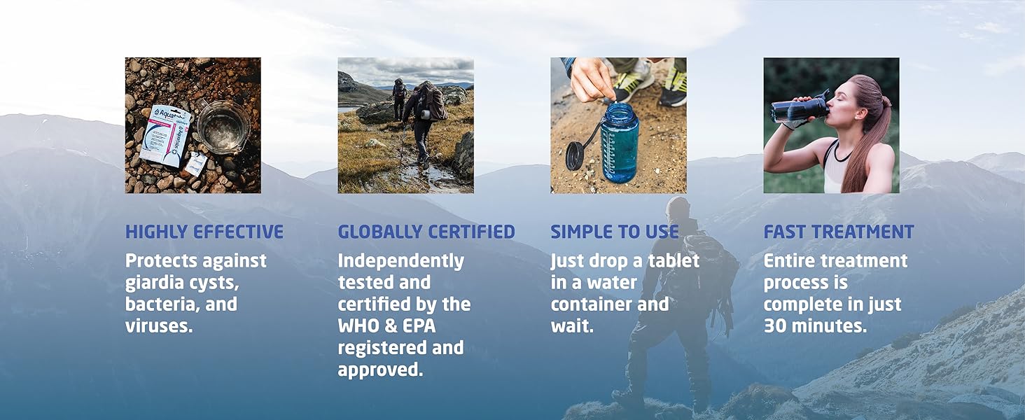 Water Purification Tablets (397mg, 100 Pack) and Water Filtration System For Camping, Boating, Emergency Water, Survival Kit, and Marine. Easy-to-Use Water Purifier Treatment.