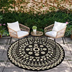 5Ft Round Outdoor Rug for Patio Reversible Mat Waterproof Plastic Straw Rug Boho Circle Indoor Outside Area Rug for RV Camping Picnic Pool Tent Balcony Beach Deck Doormats Decor, Beige(Gift)