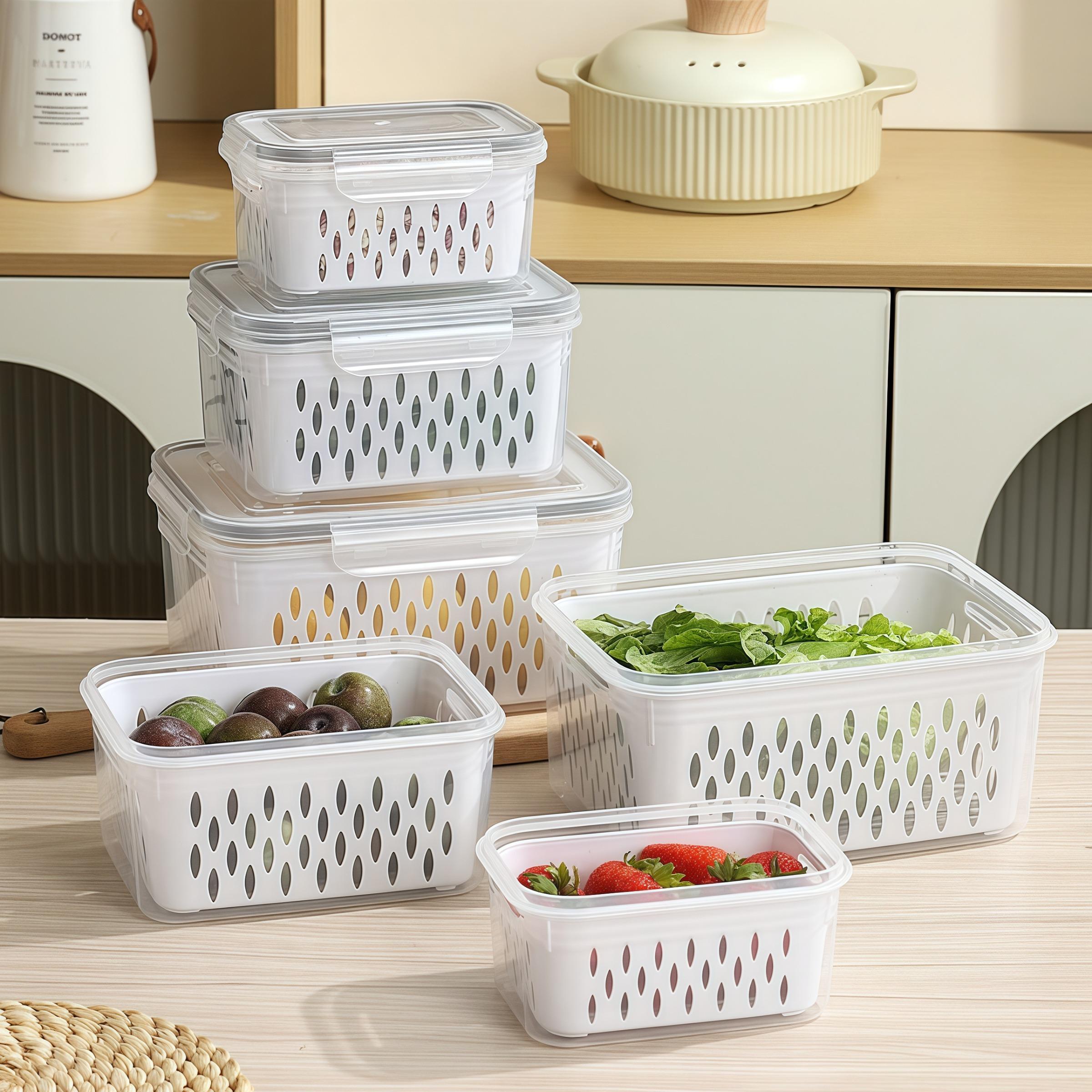 Food Storage Box with Lid, 6 Counts/set Including 3 Reusable Fruit & Vegetable Storage Container & 3 Drainers, Stackable Food Storage Box for, Home Kitchen Outdoor Picnic, Utensils, Stackable Fridge Organizer