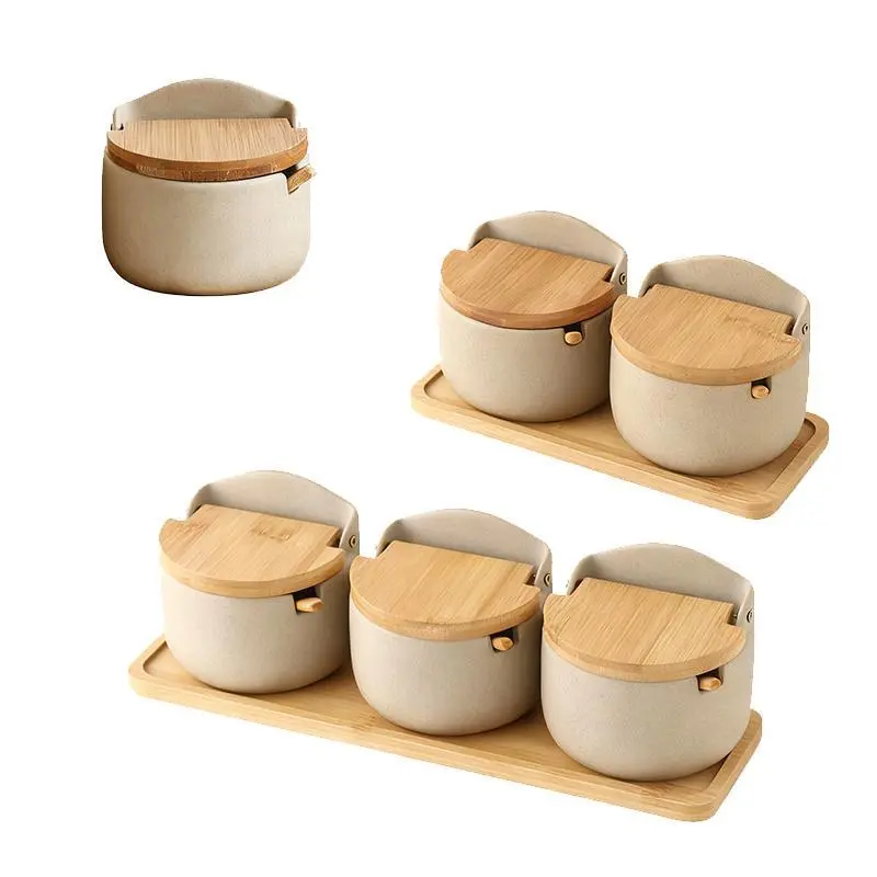 Ceramic Condiment Pot Set with Wooden Spoon and Flip Lid   | Mid Year Sale Deals For You | Restock & Summerwins | Kitchen Seasoning Storage Organizer for Sugar, Salt, Tea, Lightweight Antique Kitchen Accessory, Ideal Housewarming Gift Summerwins