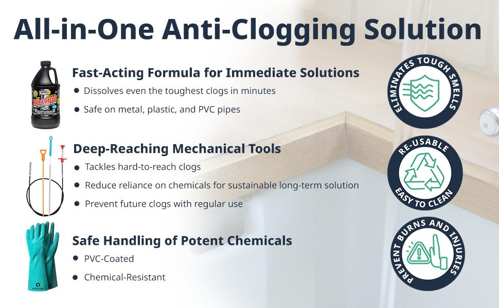 Ultimate Drain Solution Instant Power Hair & Grease Drain Cleaner Opener 2L Bundle with Drain Snake Hair Drain Clog Remover, and Protective Gloves