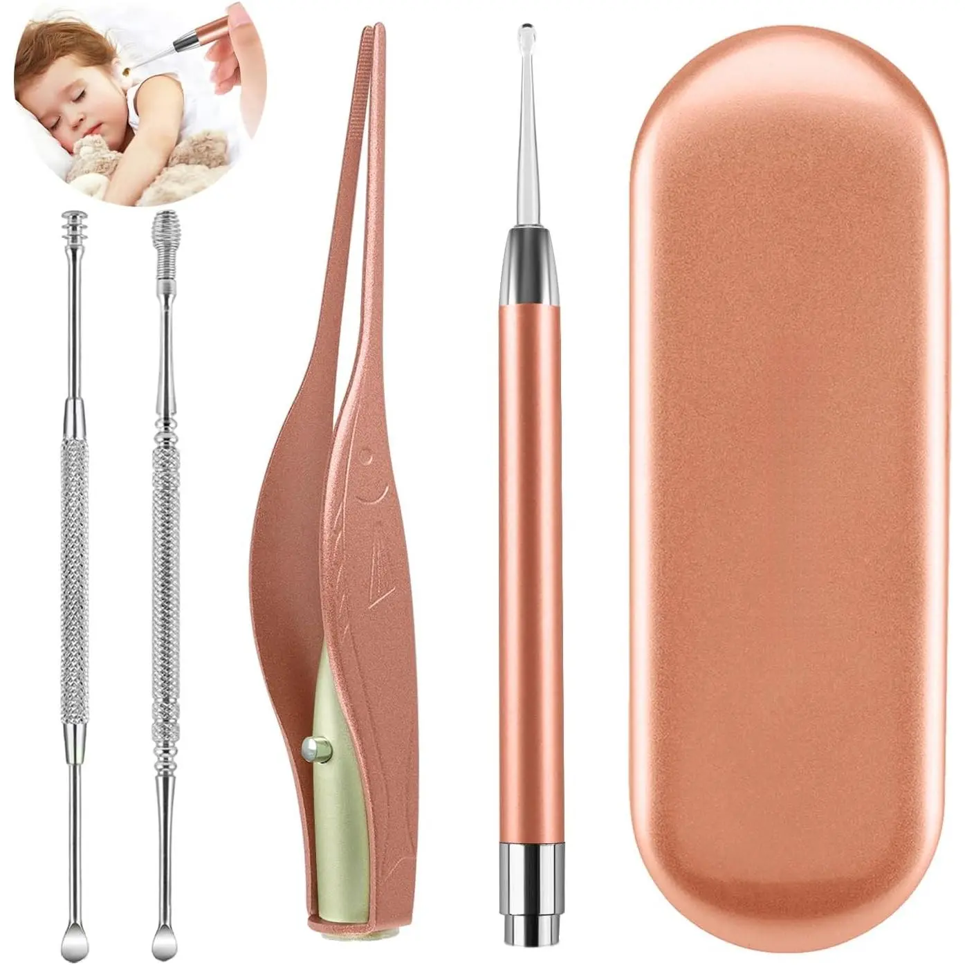 4 Pack Ear Pick with Light, Ear Cleaner Ear Wax Removal Tool Kit for Kids and Adults, Ear Picks Digger & Tweezers & Spiral Spring Ear Spoon Set with Storage Box