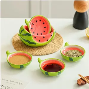 4-Piece Ceramic Condiment Dishes Set, Cute Watermelon Shape Kitchen Accessories, Sauce Dish, Serving Bowls, Flavoring Plate, Creative Glazed Seasoning & Kimchi Bowl
