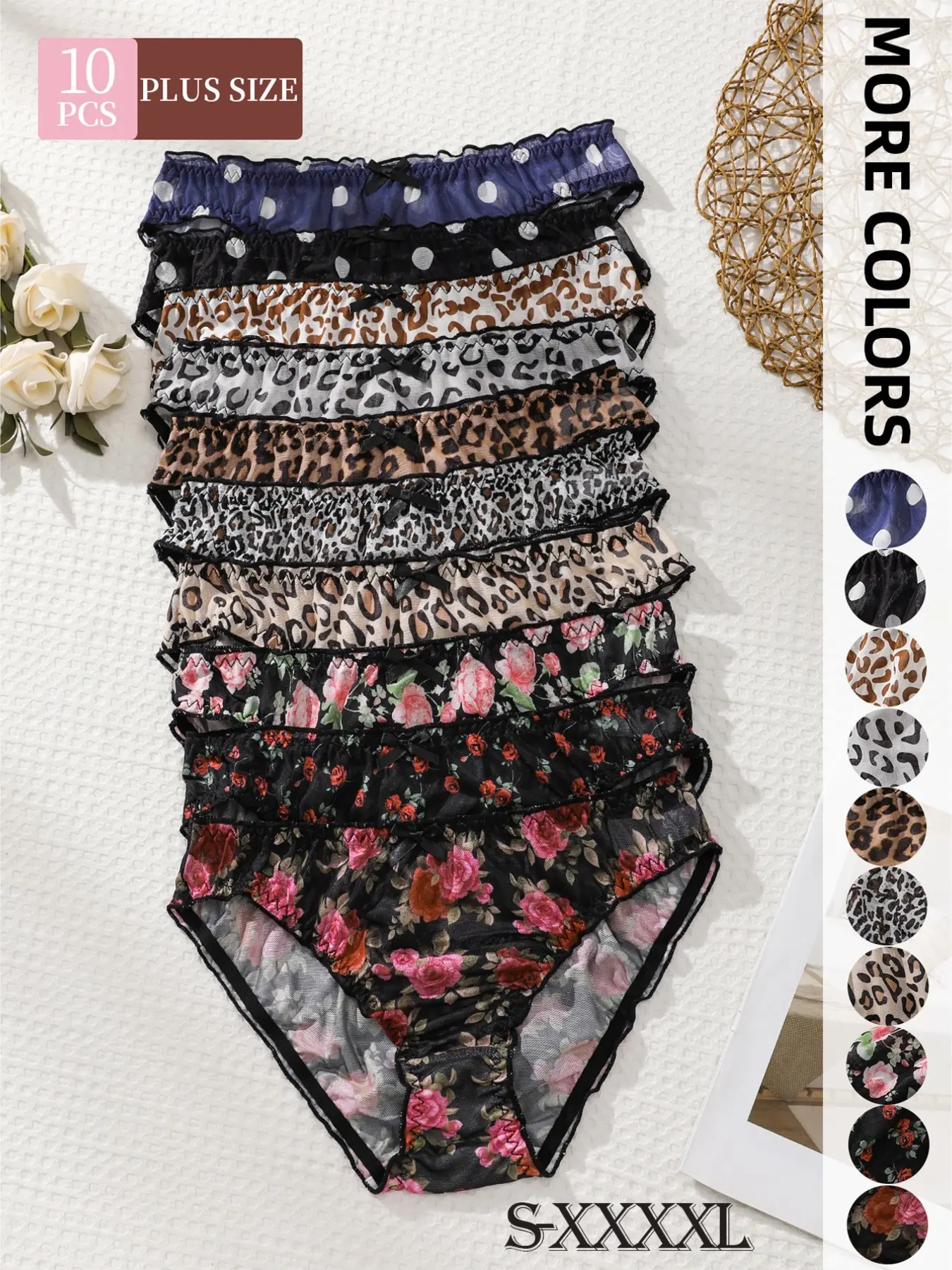 10 Pcs Women's Mesh Print Triangle Panties, Intimates, S-4xl Sizes, Vintage Leopard Floral Polka Dot Patterns, Butterfly Knots, Lightweight, Slim Fit
