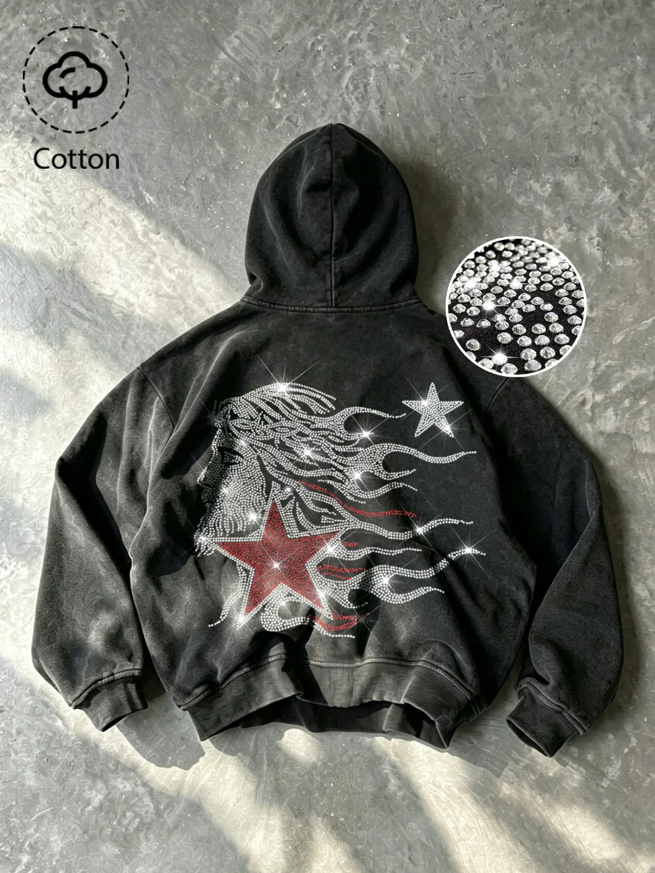 Men's Casual Hooded Sweatshirt, Back Rhinestone Star Design, Comfortable Cotton, Spring Fall Fashion, Loose Fit