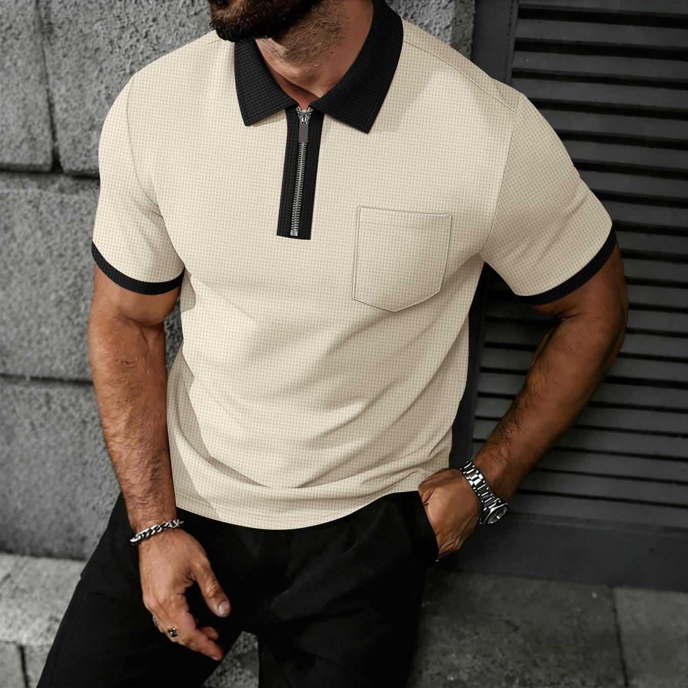 Men's Zip Up Polo Shirt Men's T- Shirt With Chest Pocket Contrast Collar Cuff Waffle Knit Breathable Lightweight Soft Comfortable Durable Casual Versatile Fashion For Young Adult Summer Daily Wear Commute Business