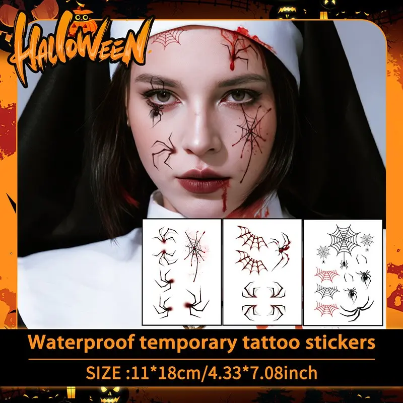 Halloween Cartoon Spider Web Temporary Tattoos, Waterproof Long-Lasting Fake Tattoos for Face, Neck, Hands, Legs, 3 Sheets