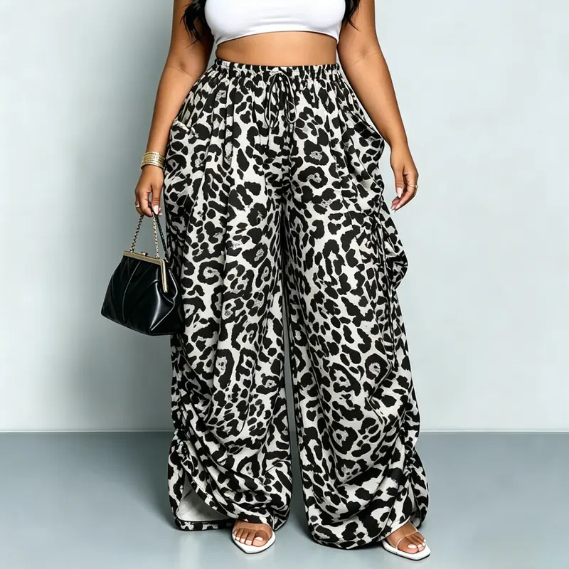 Plus-size leopard print wide-leg pants for women, high-waisted harem pants, loose, thin, slightly stretchy, street style, versatile casual pants for women