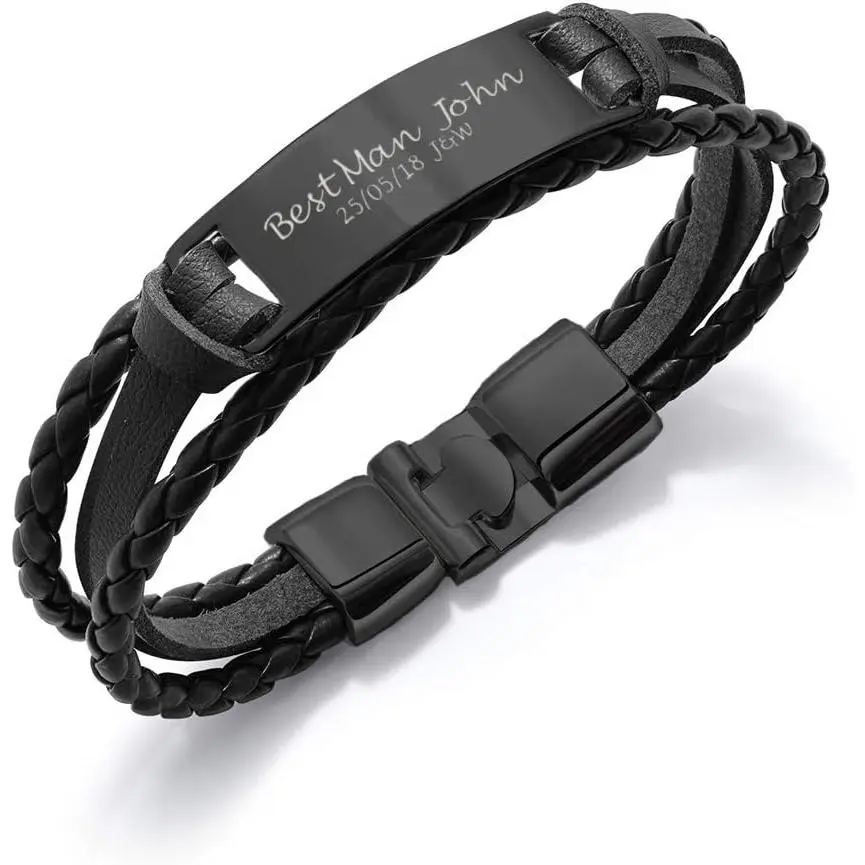 Personalized Mens Bracelet | Leather Engraved Bracelet  for Him  Man Groomsman | ID Identity, Customised Monogram, Birthday, Wedding,Christmas,Valentines Day
