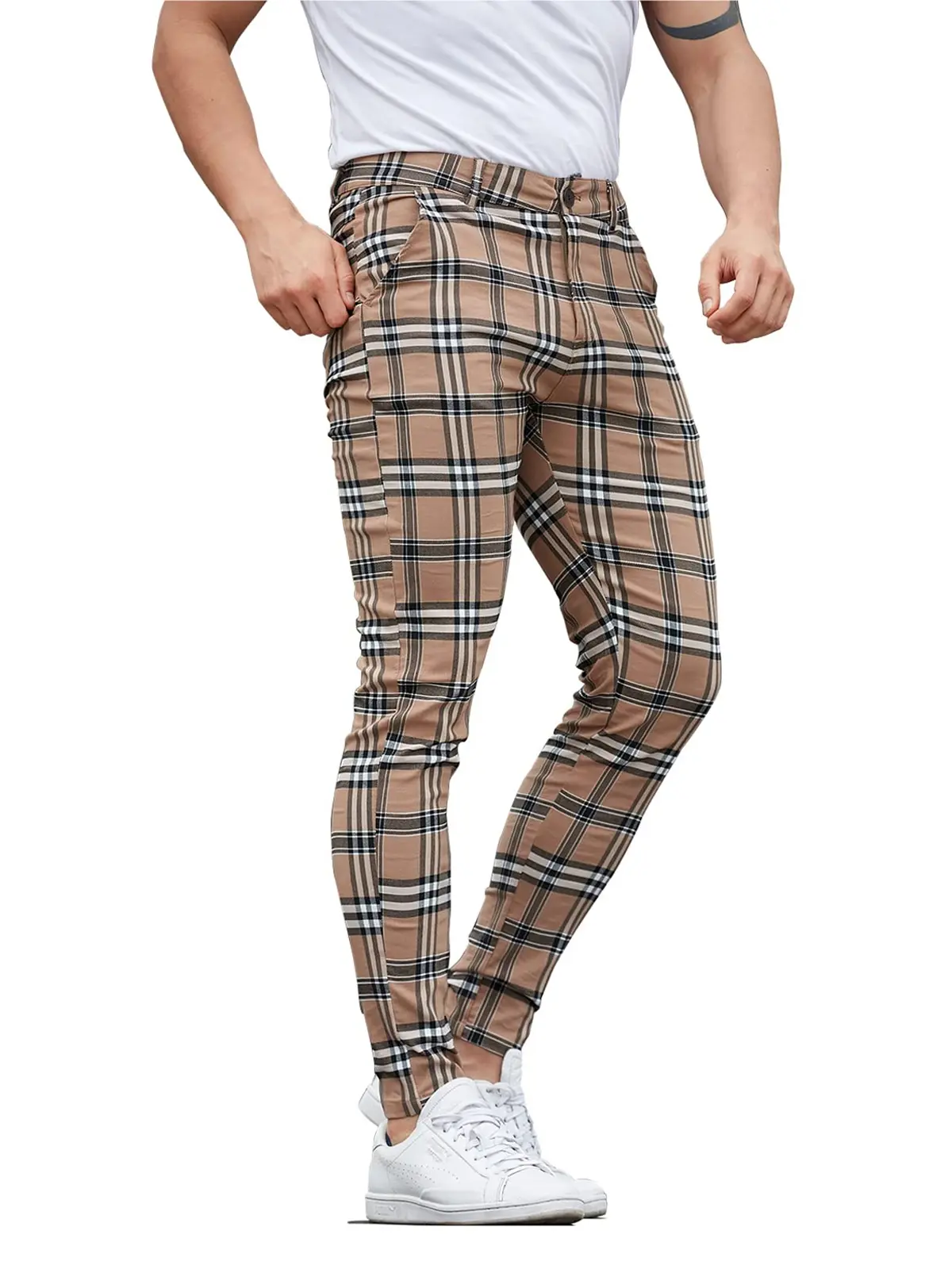 JUNBAOSS Menswear Plaid Slim Fit Cotton-Rayon Blend Pants - 1/3 Pack, Flexible, Contemporary Korean-Style, Aesthetic Street Wear, Stretch Fabric, Straight Leg, 4 Pockets, Zipper, Durable, Breathable, Casual Fitted Trousers for Men, Father's Day Gifts, Cut