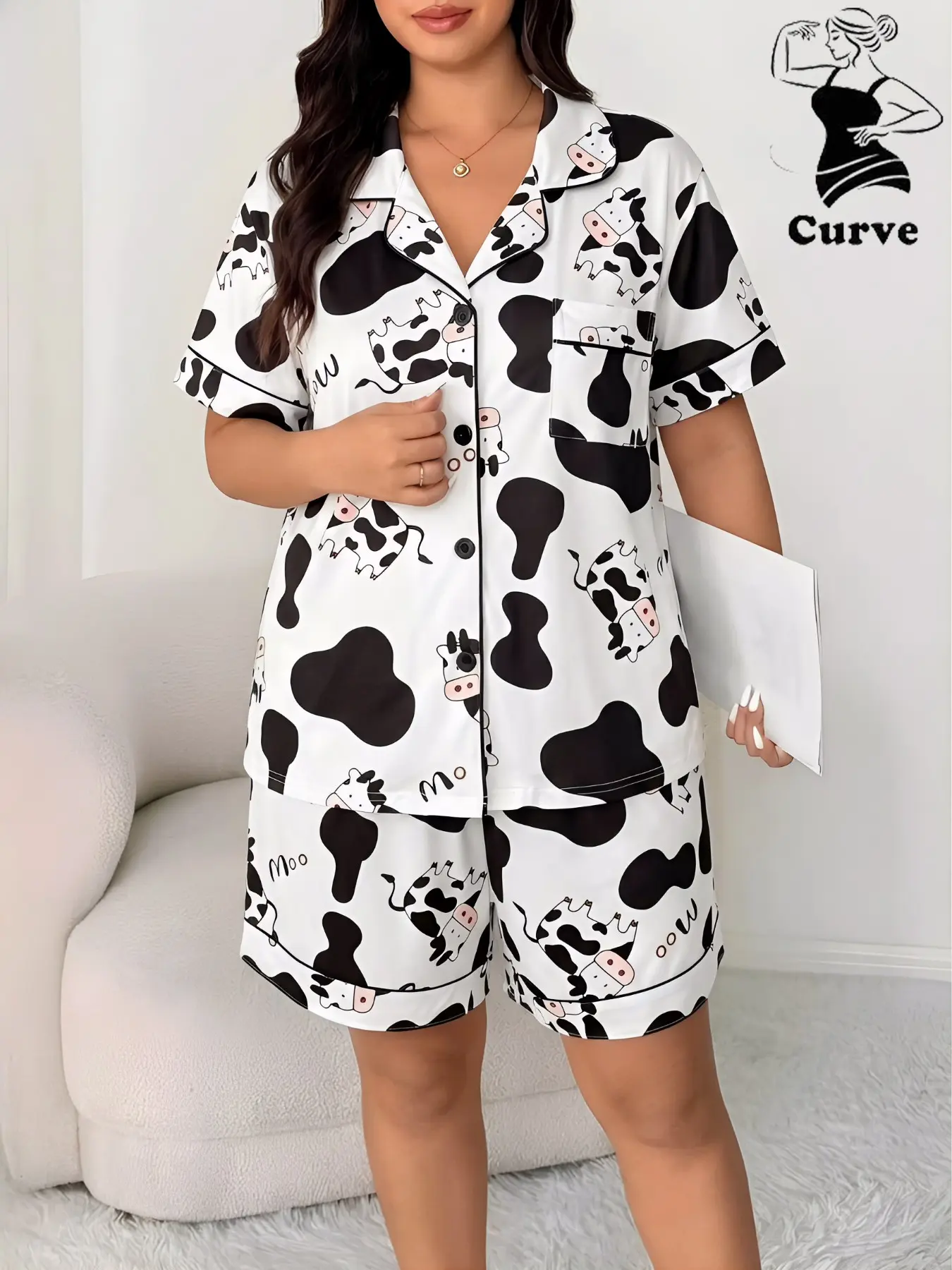 Two-Piece Plus Size Cute Cow Print Pajamas for Women, Collar Button Short Sleeve + Loose Shorts, Soft Cozy Home Loungewear Sleepwear Set