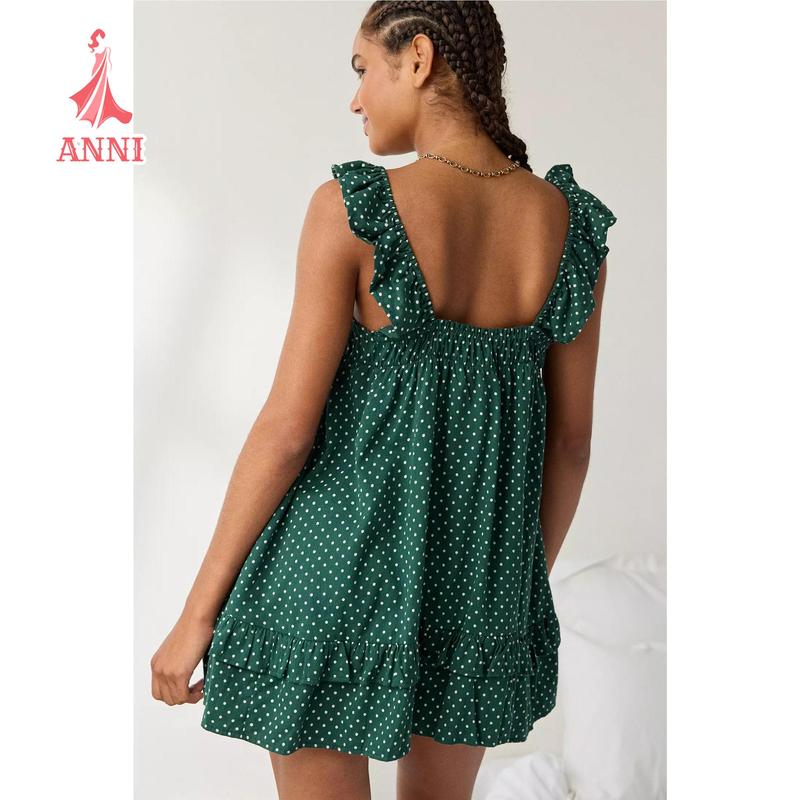 Women's Ruffle Strap Mini Dress Sleeveless Square Neck Bow Front Flowy Dress Summer Babydoll Dress