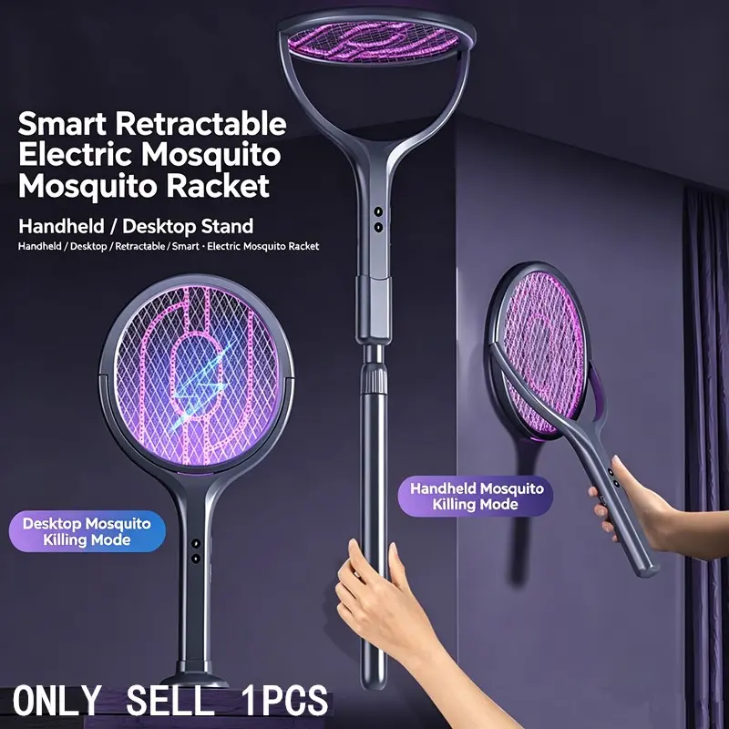 New Foldable Electric Mosquito Swatter, Adjustable Extendable Rod, 360° Rotating Head, Bug Light, Indoor Outdoor Use