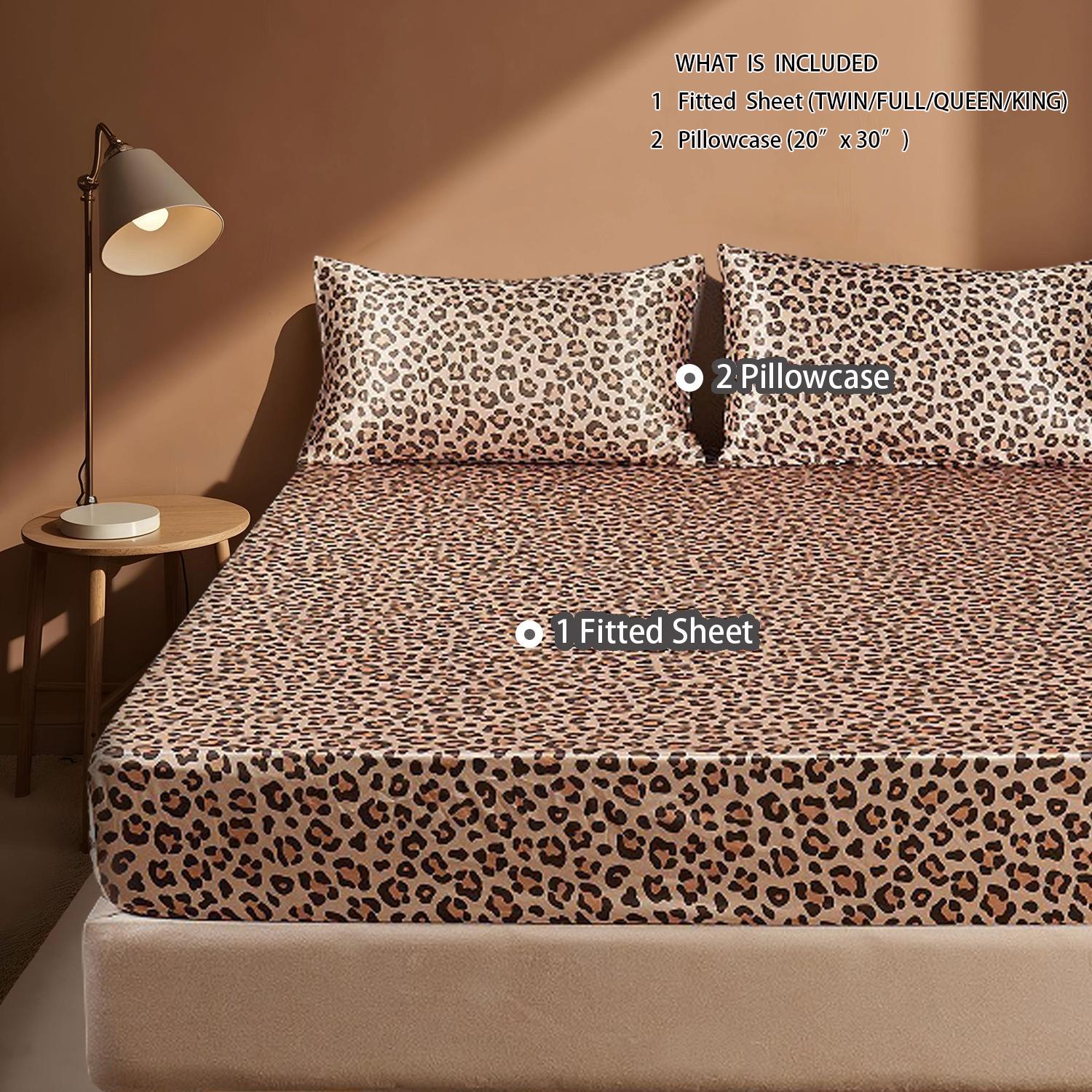 Leopard Print Fitted Sheet & Pillowcase Set, 3 Counts/set Including 1 Count Fitted Sheet & 2 Counts Pillowcase without Filler, Bedding Supplies for Home Bedroom