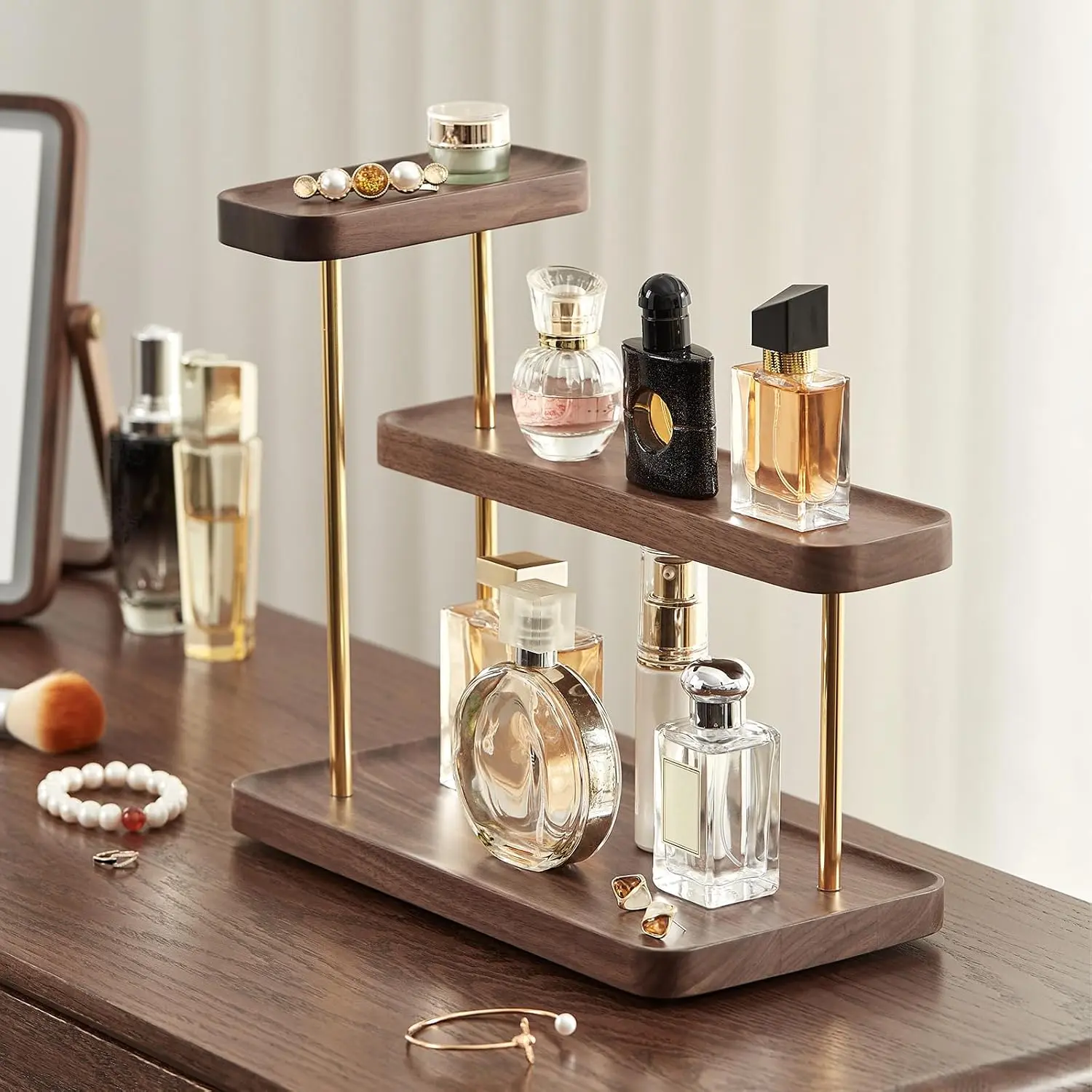 3 Tier Solid  Black Walnut Perfume Organizer for Men & Women |  Cologne Organizer, Wooden Perfume Display Shelf, For Bathroom, Skincare, , Makeup Storage