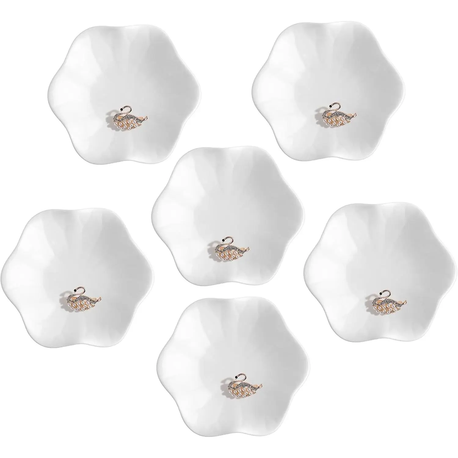 6 count White Ceramic  Tray 4.5 in Ring Holder Trinket Dish for Christmas Friendship Wedding Birthday Gifts(Flower)