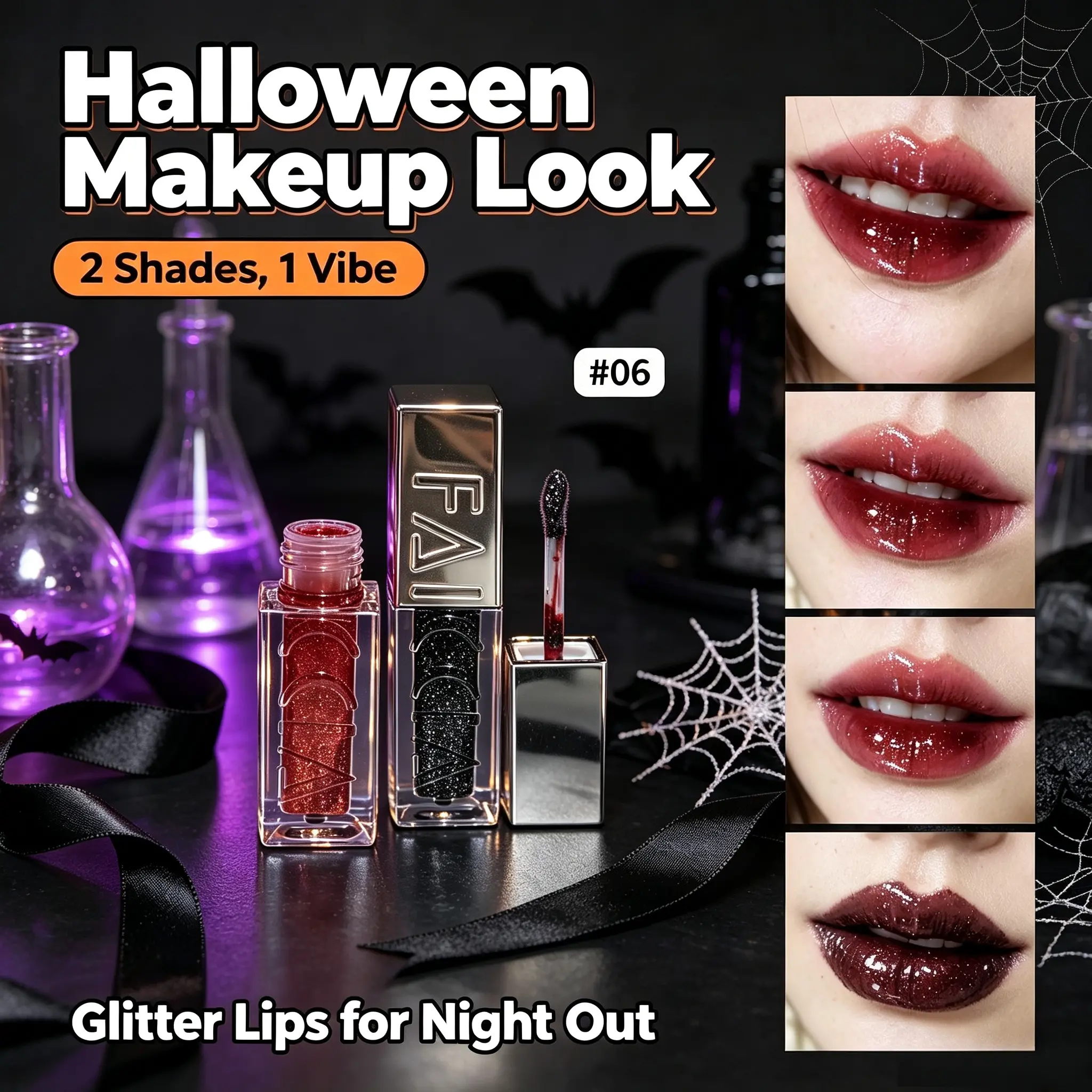 Halloween Limited 2‑Piece Mirror Lip Gloss, Fine Shimmer Texture, #06 Wine Red #07 Cool Black, Cool Dark Gothic Lip Makeup, High Color Payoff, Camera‑friendly For Cosplay Stage & Halloween Gathering, Holiday Makeup Kit.