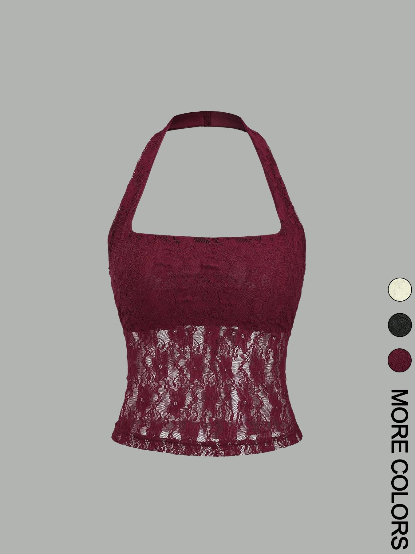 Women's Plain Floral Lace Halter Neck Top, Elegant Sleeveless Top for Party Vacation, Ladies Clothes for Summer, Casual Sleeveless Cami, Womenswear