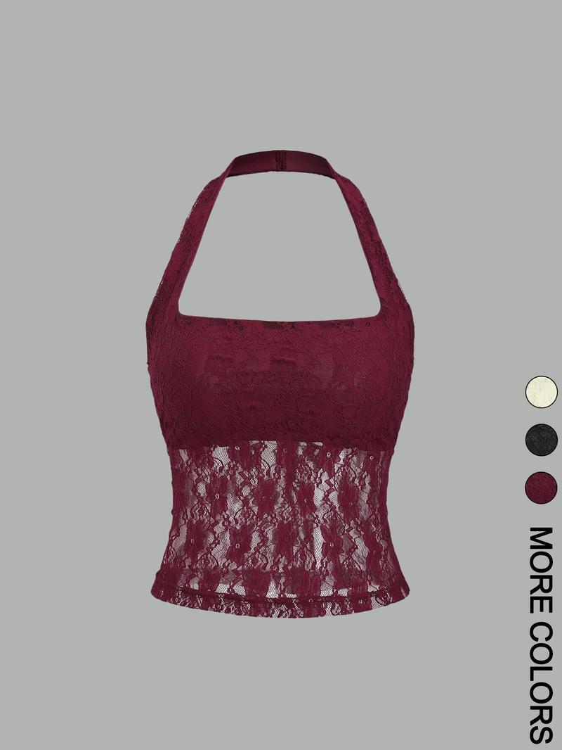 Valentine's Day Women's Plain Floral Lace Halter Neck Top, Elegant Sleeveless Top for Party Holiday Vacation, Ladies Clothes for Summer, Womenswear