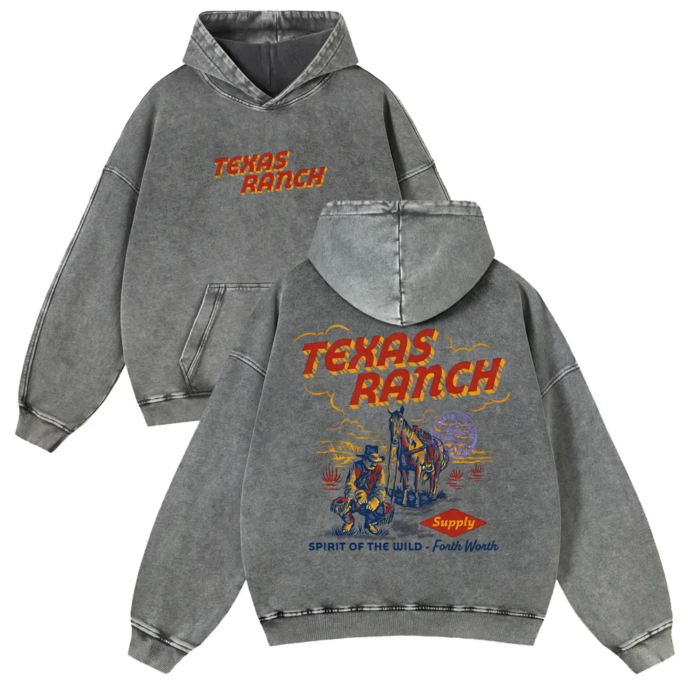 Unisex Women's Retro Texas Ranch Cowboy Long-Sleeve Pullover Hoodie - Premium Heavyweight Fabric Charcoal Mineral Wash Sweatshirt, Western Aesthetic Country Music Festival Top