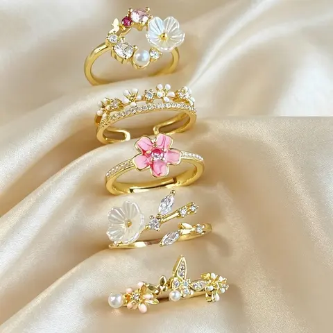 5pcs Elegant Floral, Geometric, Butterfly Design Rings, Cubic Zirconia & Faux Pearl, Adjustable Open Rings for Women, Spring/summer Fashion, Elegant Ring Set(No Gift Box)